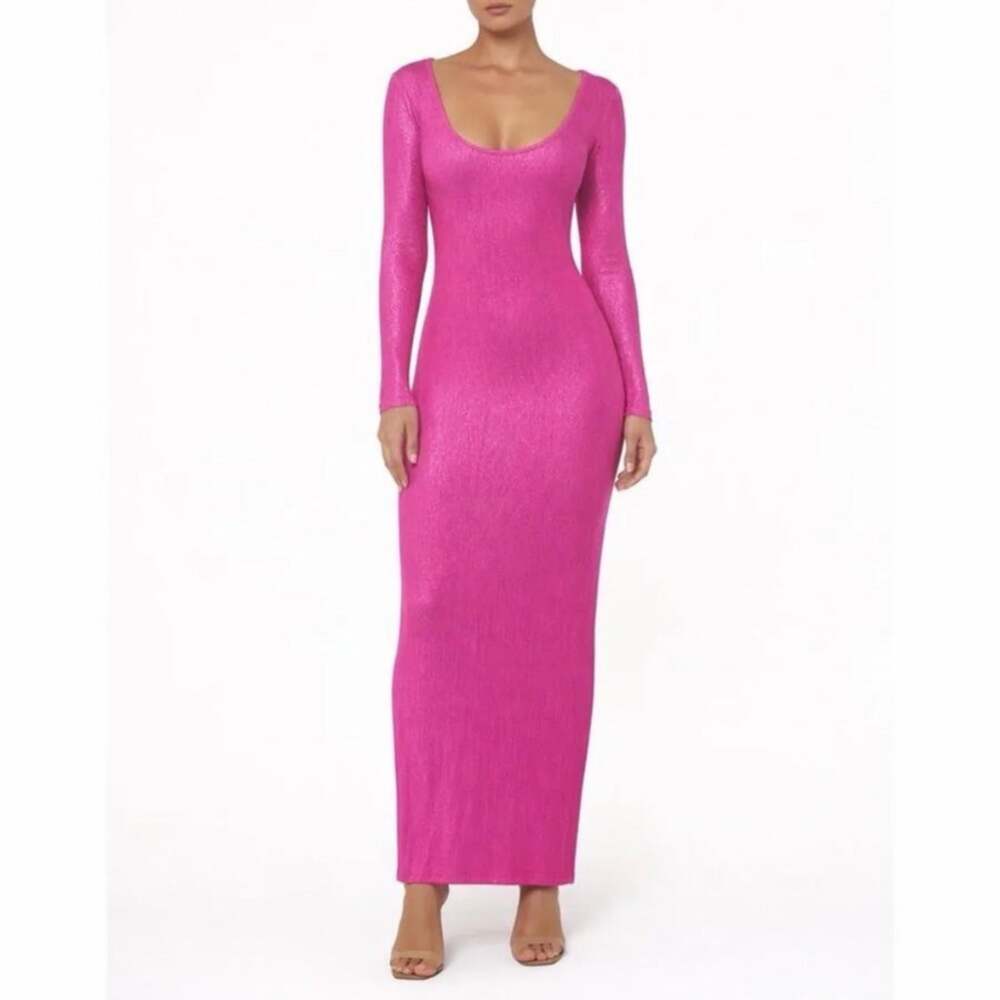 SKIMS Soft Lounge Shimmer Maxi Dress in Fuchsia Foil Size M